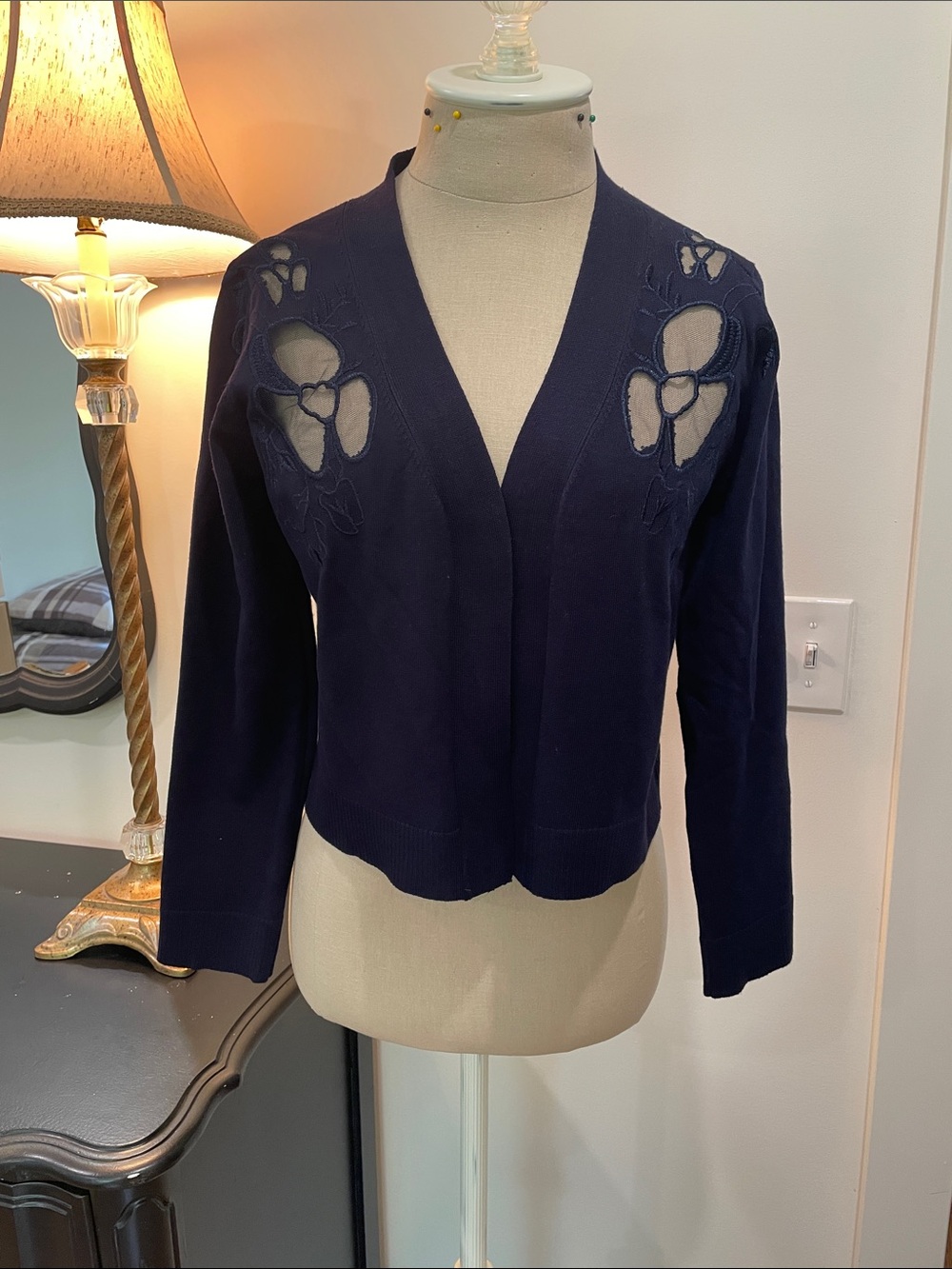 Women's Navy Cutout Floral Open-Front Cardigan